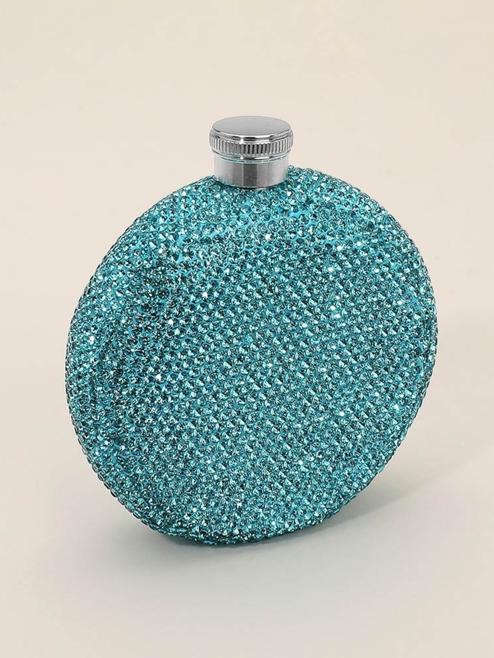 Aqua Blue Silver 5oz Round Sparkling Rhinestone Crystal Flask Bling